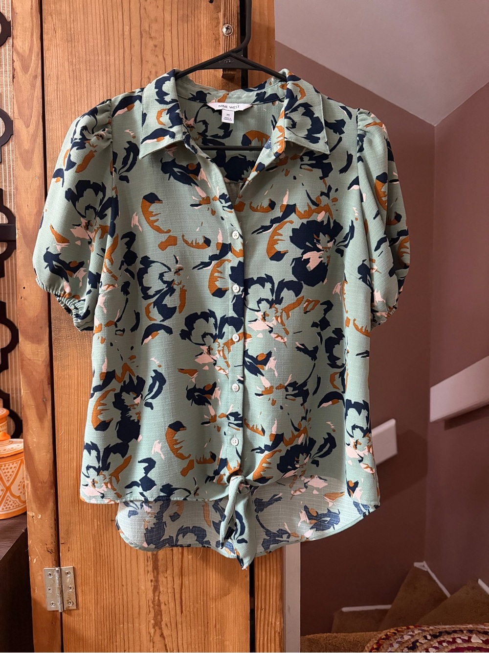 Floral Tie-Hem Button Front Top - Sage Green